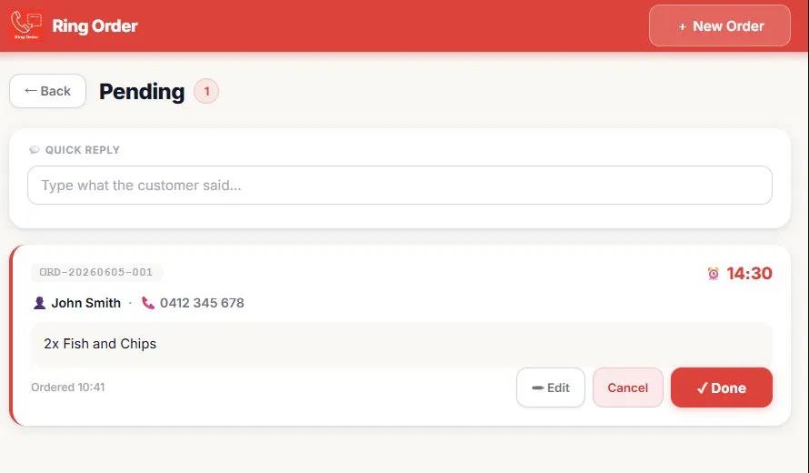 Ring Order app – pending orders